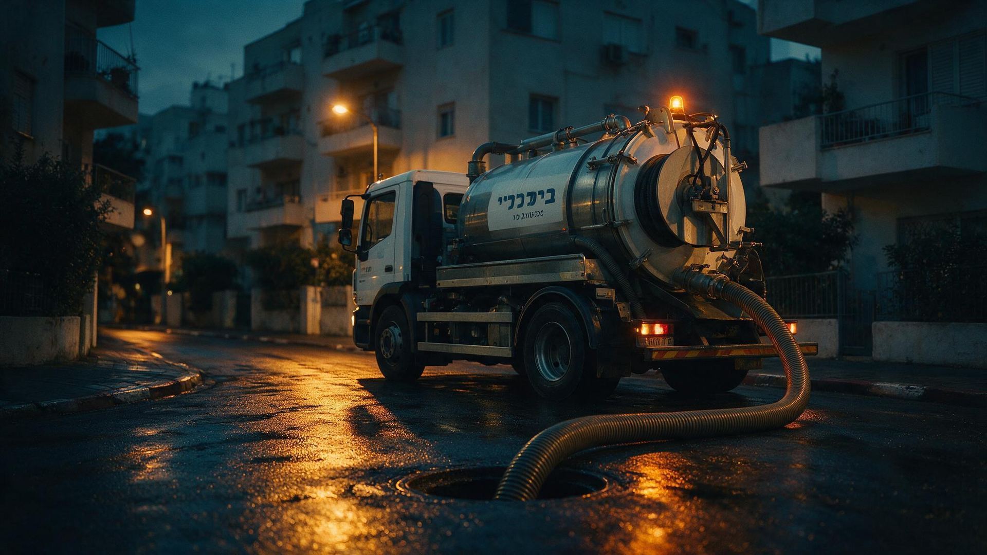 רכב ביובית בעבודת שאיבה ברחוב