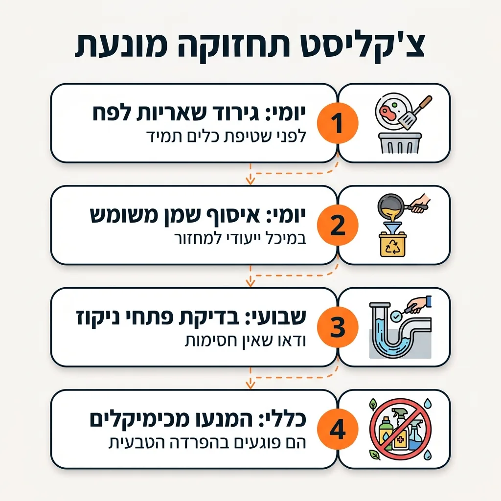 אינפוגרפיקה — צ'קליסט תחזוקה מונעת: יומי: גירוד שאריות לפח, יומי: איסוף שמן משומש, שבועי: בדיקת פתחי ניקוז, כללי: המנעו מכימי