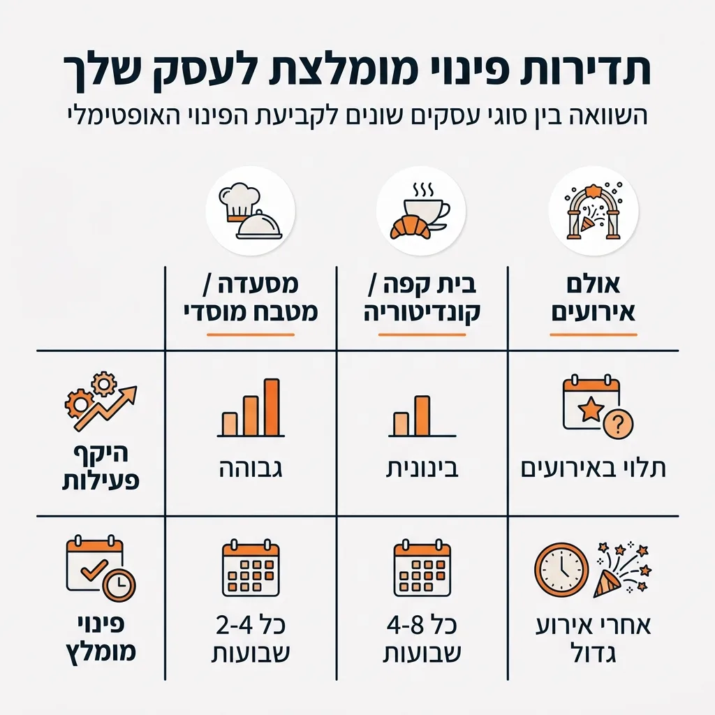אינפוגרפיקה — תדירות פינוי מומלצת לעסק שלך: השוואה בין מסעדה / מטבח מוסדי, בית קפה / קונדיטוריה, אולם אירועים