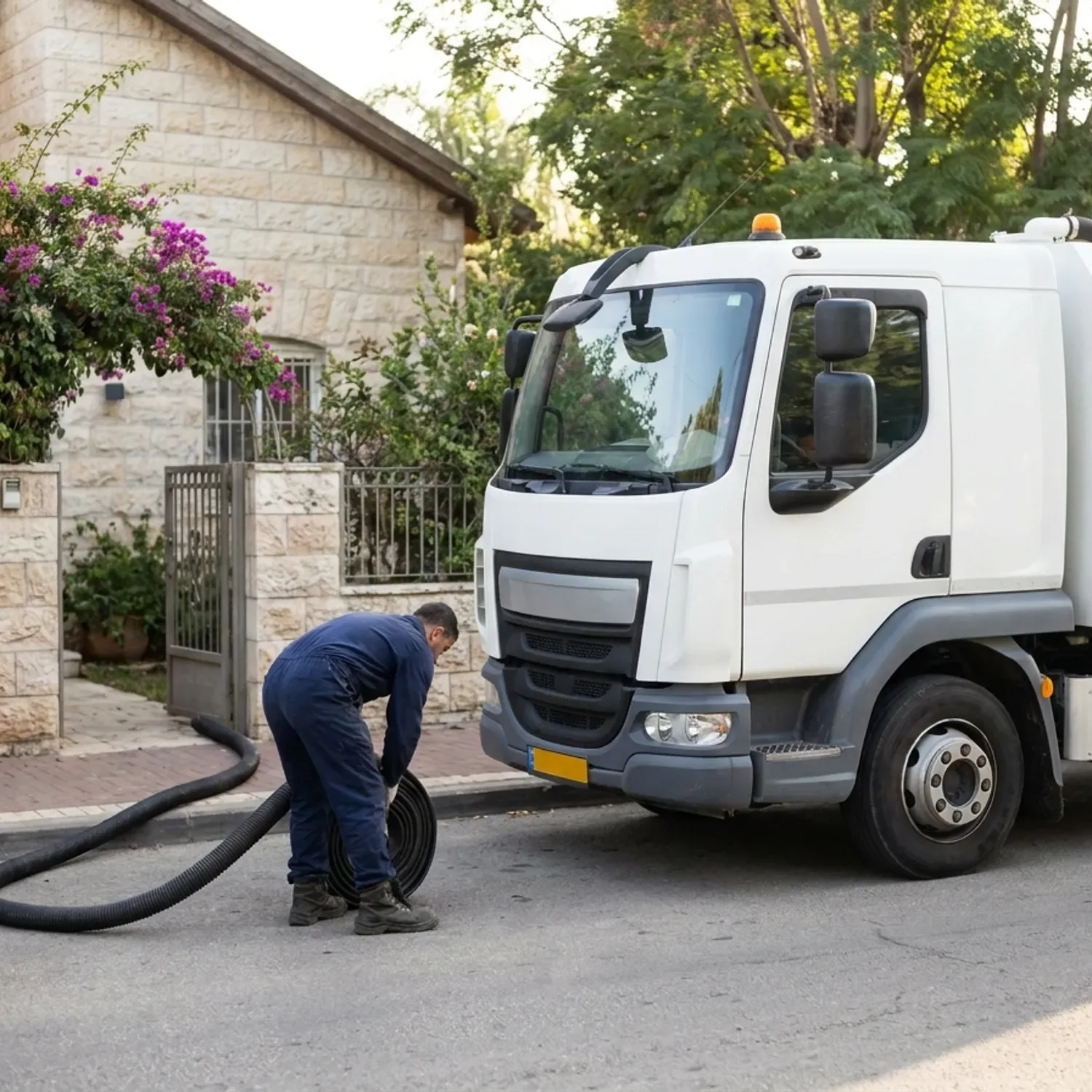 צילום רחוב ישראלי באור יום של משאית ביובית לבנה ונקייה ללא טקסט או לוגו חונה ליד בית פרטי, כאשר איש מקצוע בבגדי עבודה כחולים ומגפיים פורס צינור שאיבה שרשורי עבה לכיוון חצר הבית. פוקוס חד, תאורה טבעית