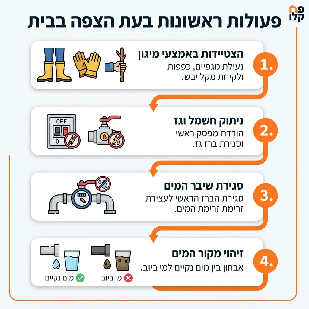 אינפוגרפיקה — פעולות ראשונות בעת הצפה בבית: הצטיידות באמצעי מיגון, ניתוק חשמל וגז, סגירת שיבר המים, זיהוי מקור המים