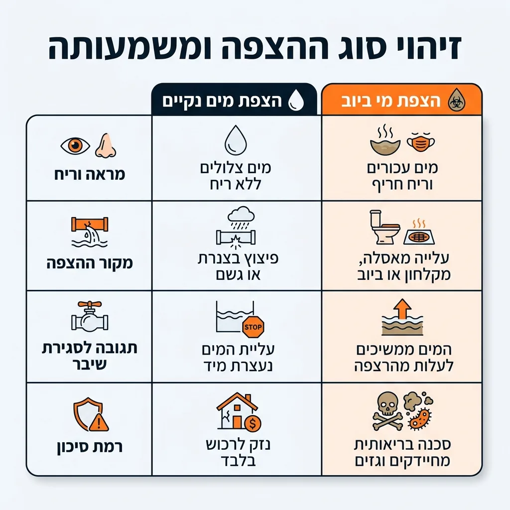 אינפוגרפיקה — זיהוי סוג ההצפה ומשמעותה: השוואה בין הצפת מים נקיים, הצפת מי ביוב