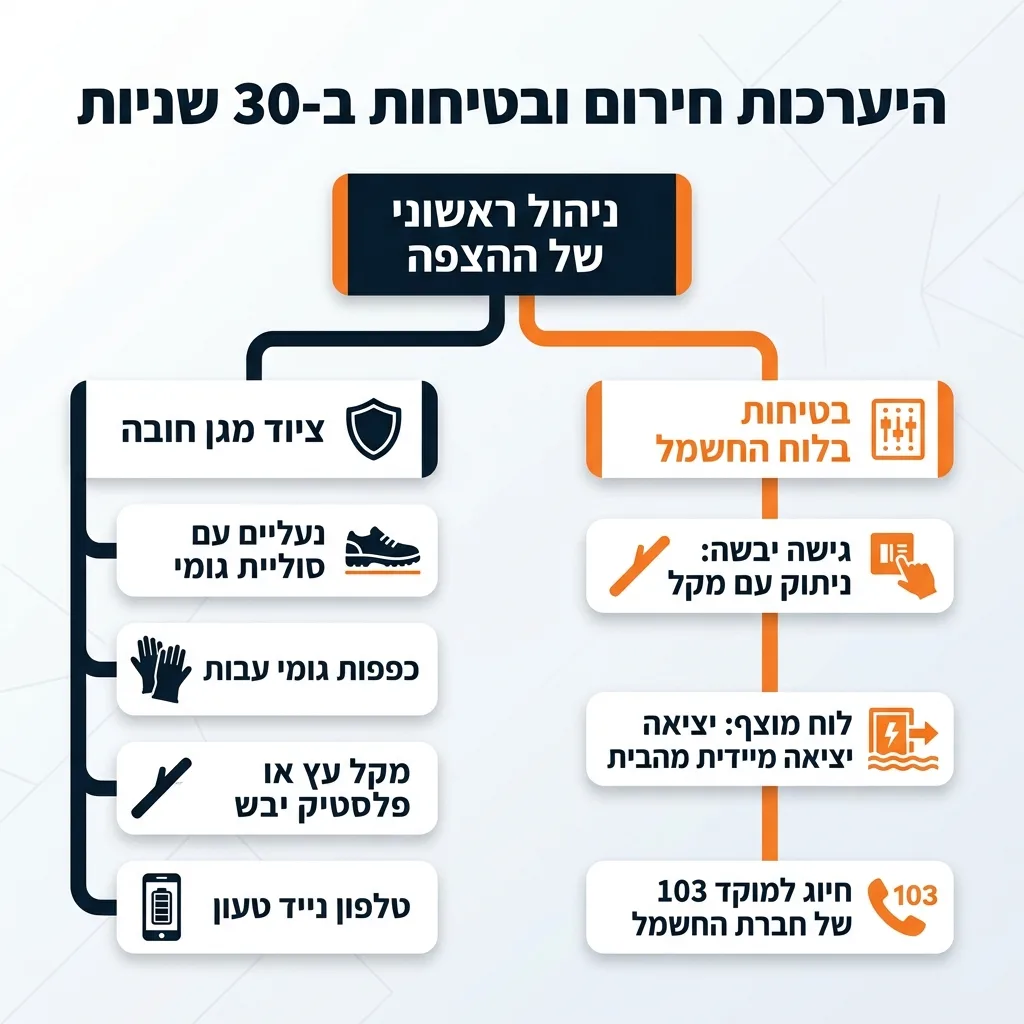 אינפוגרפיקה — היערכות חירום ובטיחות ב-30 שניות: ניהול ראשוני של ההצפה