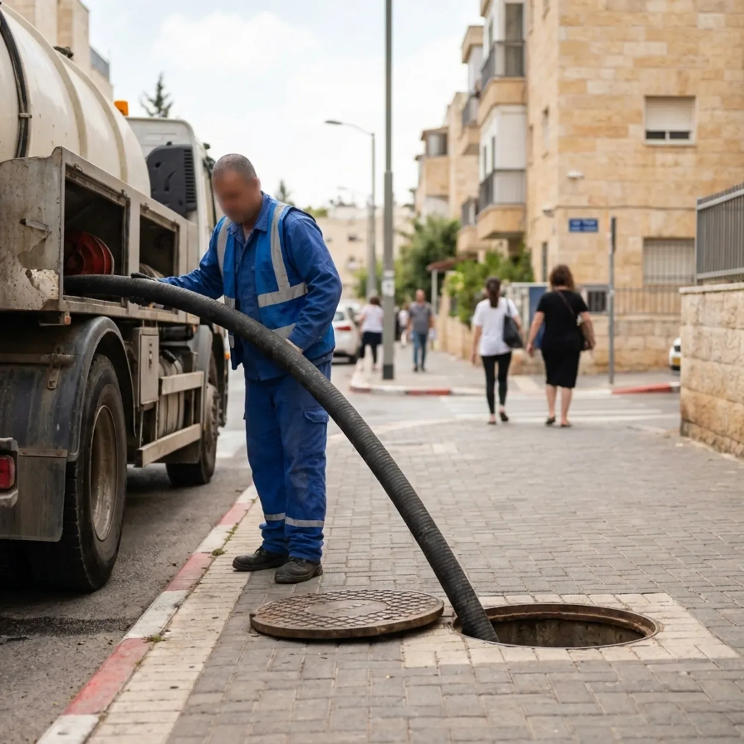 צילום מציאותי של משאית ביובית חונה ברחוב ישראלי טיפוסי באור יום טבעי, עובד בלבוש עבודה יומיומי ללא לוגו פורס צינור שחור עבה לכיוון שוחת ביוב פתוחה על המדרכה, פוקוס חד