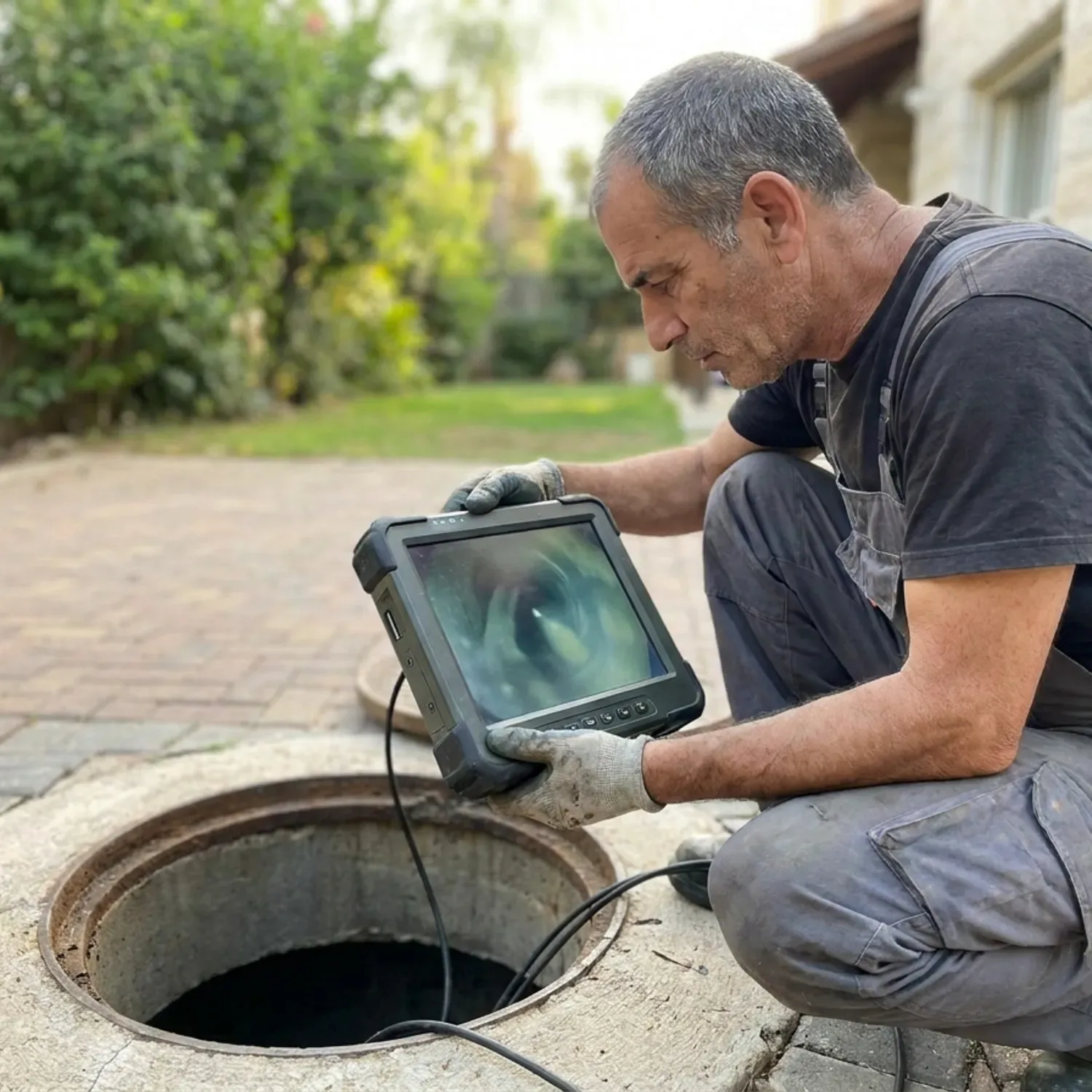 צילום מקרוב של טכנאי ביוב ישראלי כורע ליד שוחת ביוב פתוחה בחצר בית פרטי, מביט במסך מוניטור קשיח המציג את פנים הצינור באמצעות מצלמת סיב אופטי, תאורת יום טבעית
