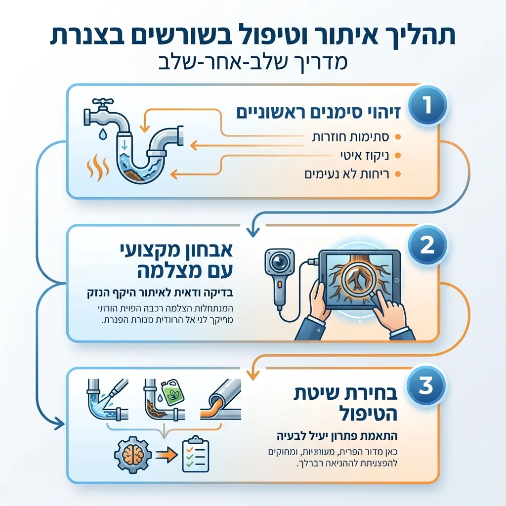 אינפוגרפיקה — תהליך איתור וטיפול בשורשים בצנרת: זיהוי סימנים ראשוניים, אבחון מקצועי עם מצלמה, בחירת שיטת הטיפול