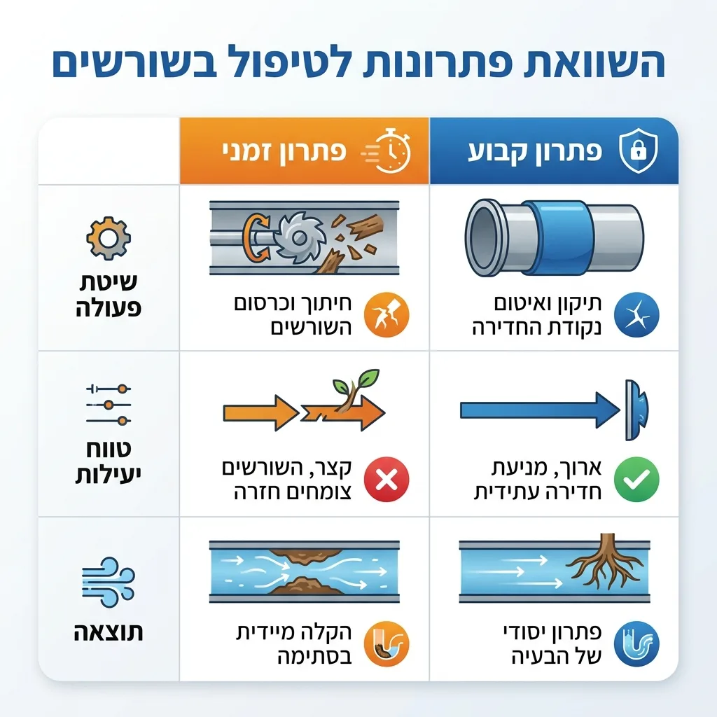 אינפוגרפיקה — השוואת פתרונות לטיפול בשורשים: השוואה בין פתרון זמני, פתרון קבוע
