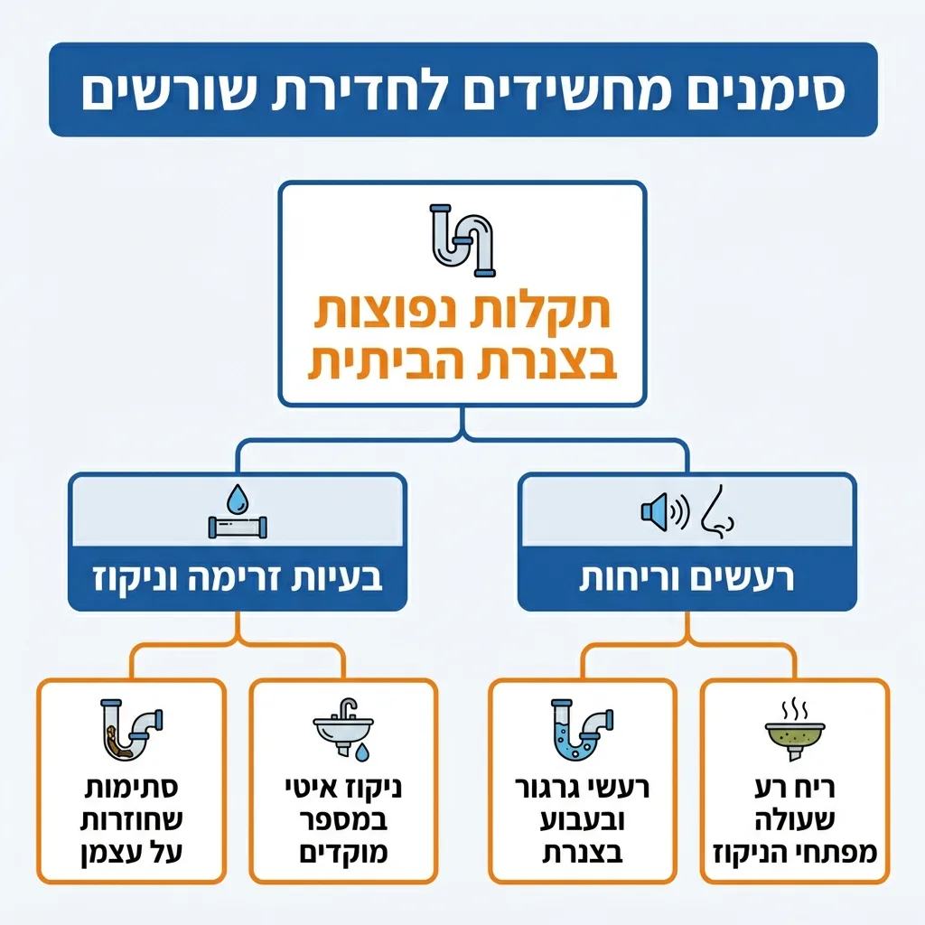 אינפוגרפיקה — סימנים מחשידים לחדירת שורשים: תקלות נפוצות בצנרת הביתית