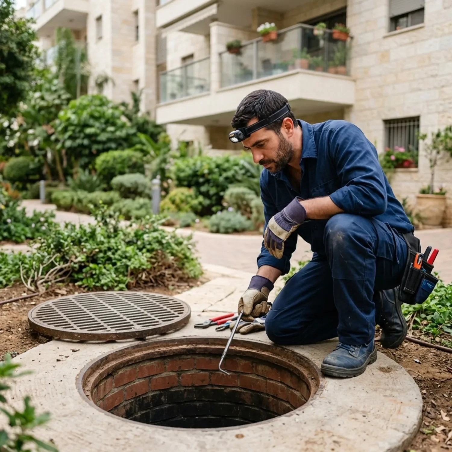 צילום ריאליסטי של אינסטלטור מקצועי במדי עבודה כחולים, בודק שוחת ביוב נקייה ומתוחזקת בחצר בניין מגורים מטופח בהרצליה, אור יום טבעי.
