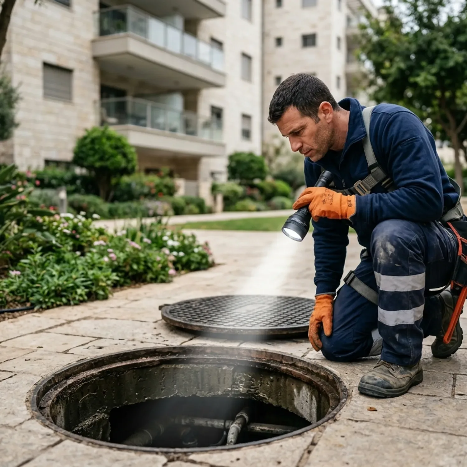 צילום ריאליסטי של איש מקצוע עם ציוד מגן, מאיר עם פנס לתוך שוחת ביוב פתוחה בחצר בניין מגורים מטופח, בודק את מצב הצנרת.